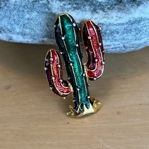 Jewelry - Cactus Brooch Gold Tone with Red and Green Enamel